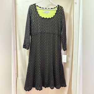 Sara Campbell Black Wool Eyelet Dress with Lime Green Lining – Size 14